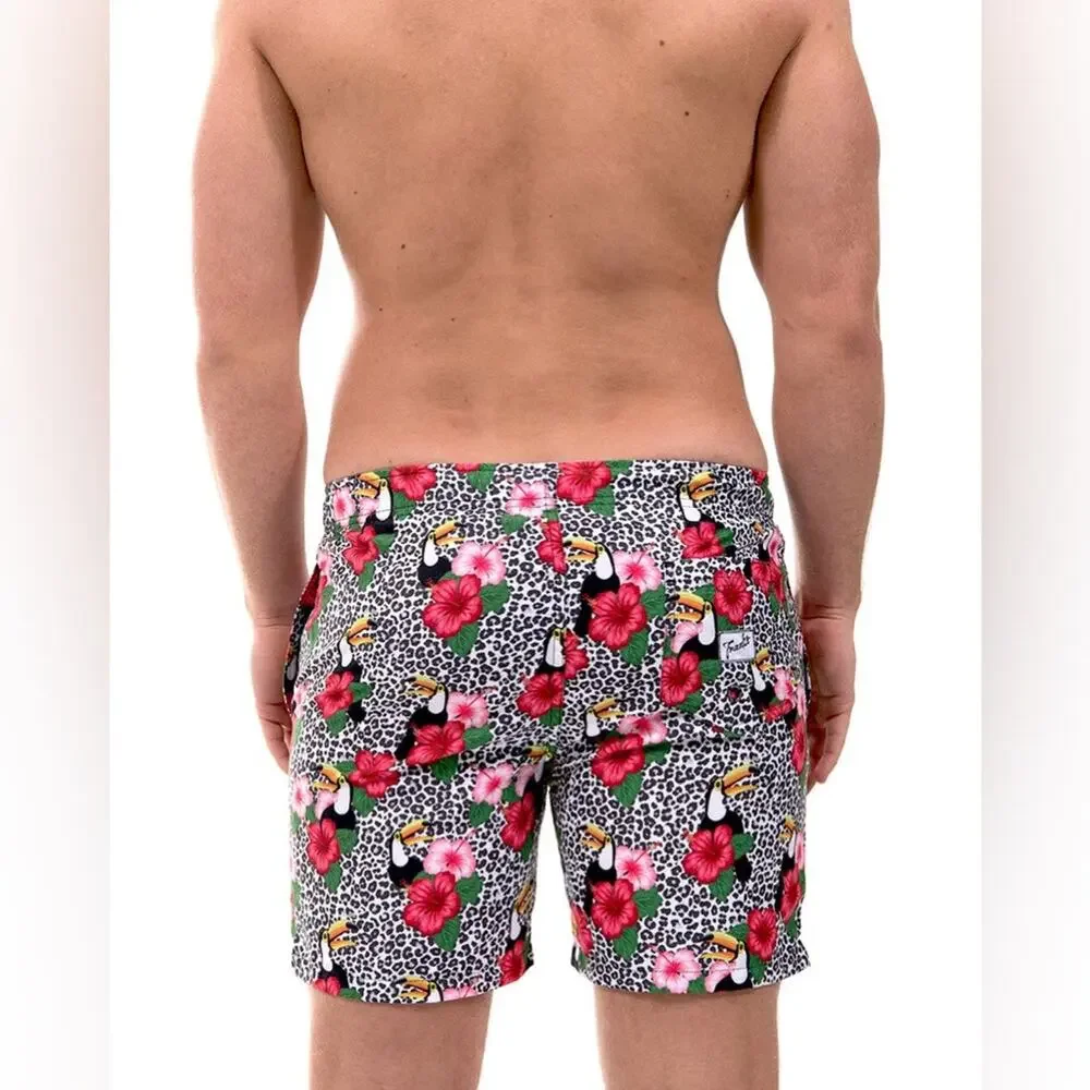 Franks Broadbeach Quick dry Tropical Toucan floral leopard swim trunks shorts M